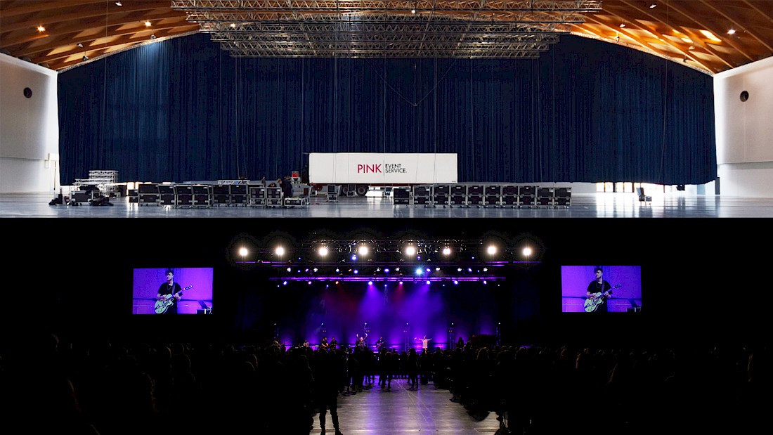 Vorher Nachher - die dm-Arena in der Messe Karlsruhe mit Veranstaltungstechnik und Eventagentur PINK Event Service